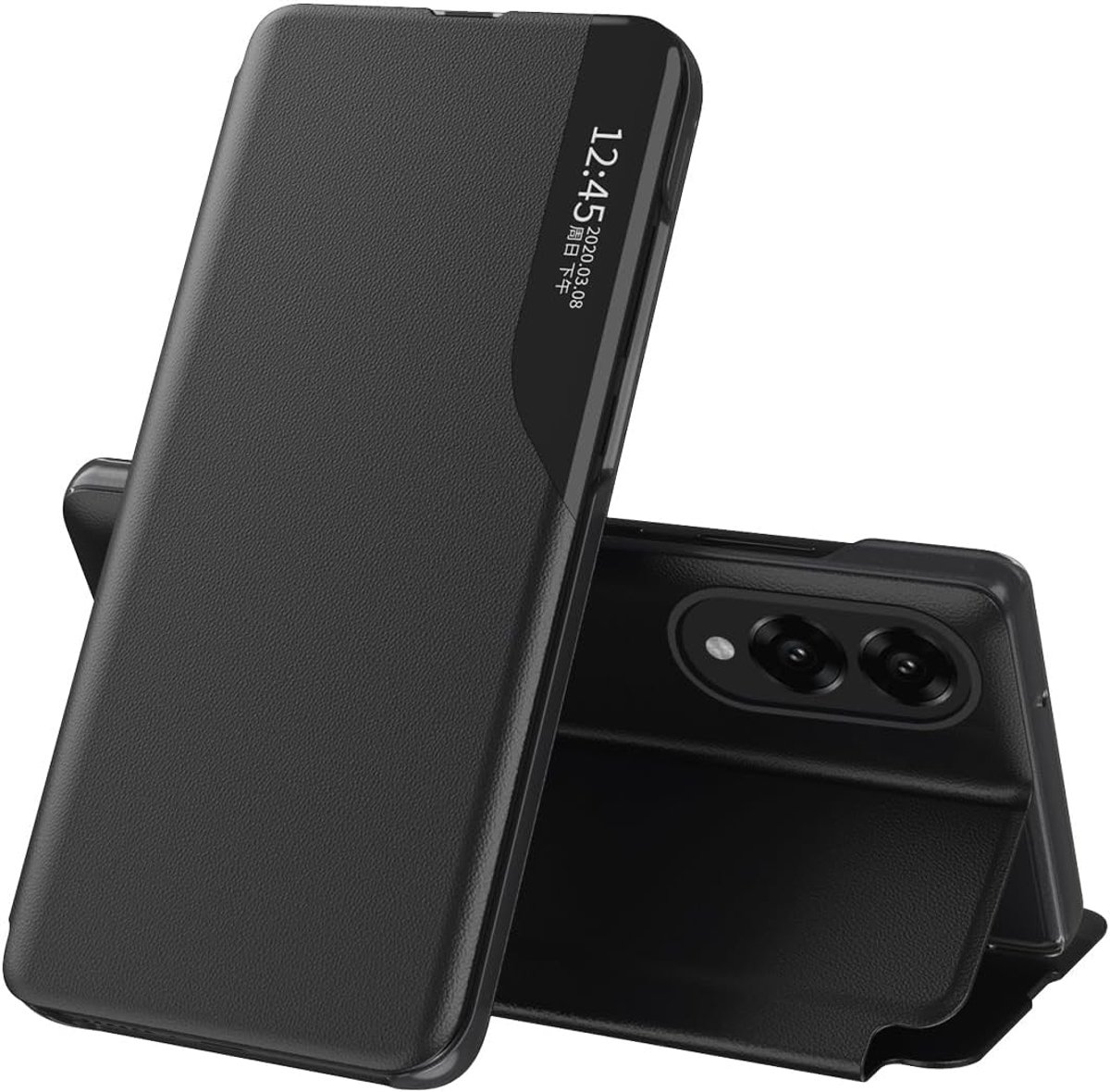 View Hoes voor Samsung S25 Edge, lederen flip cover met kickstand, stijlvolle spiegel heldere display half venster telefoonbehuizing voor Samsung Galaxy S25 Edge. Kleur: Zwart