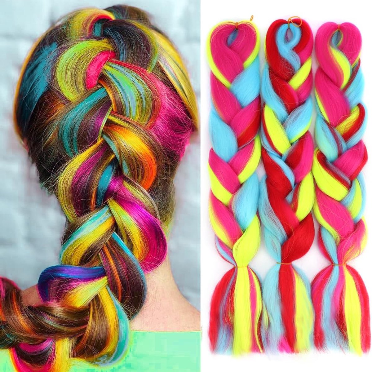 Braid gevlochten haar, uitgerekt 60 cm, geel, blauw, rood, roze, 3 stuks
