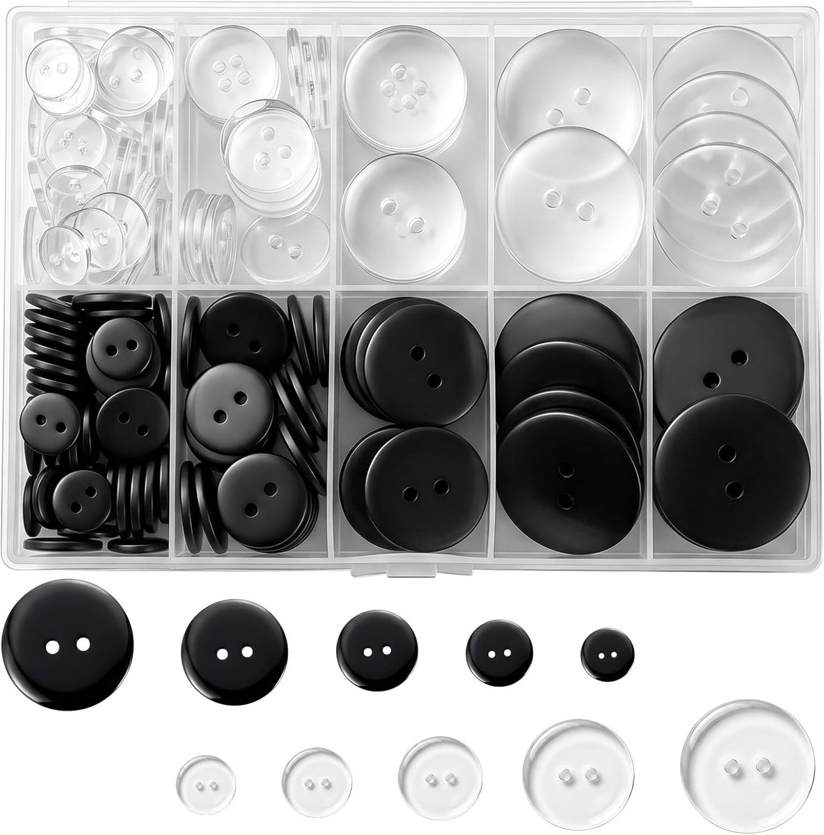Knopen, zwart, transparant, 160 stuks, 1/1,3/1,5/2/2,5 cm