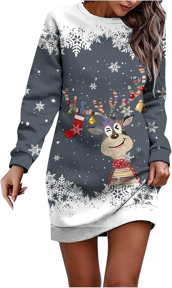 Casual jurk met lange mouwen en opdruk, winter, vakantie, party, ronde hals, tuniek, sweatshirt-stijl, trui, dagelijkse kleding