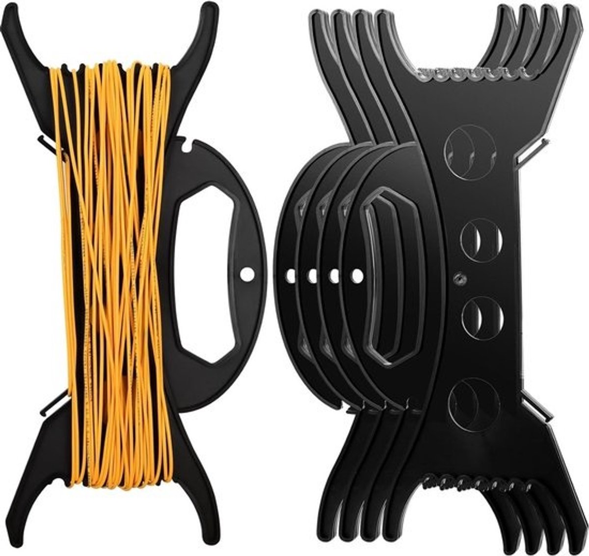Allecto Premium - Kunststof kabelhaspel houder voor elektrische verlengkabel - 4 stuks - Thuis en kantoor organizer voor kerstverlichting en elektronica - Zwart - Handige kabelopbergsysteem