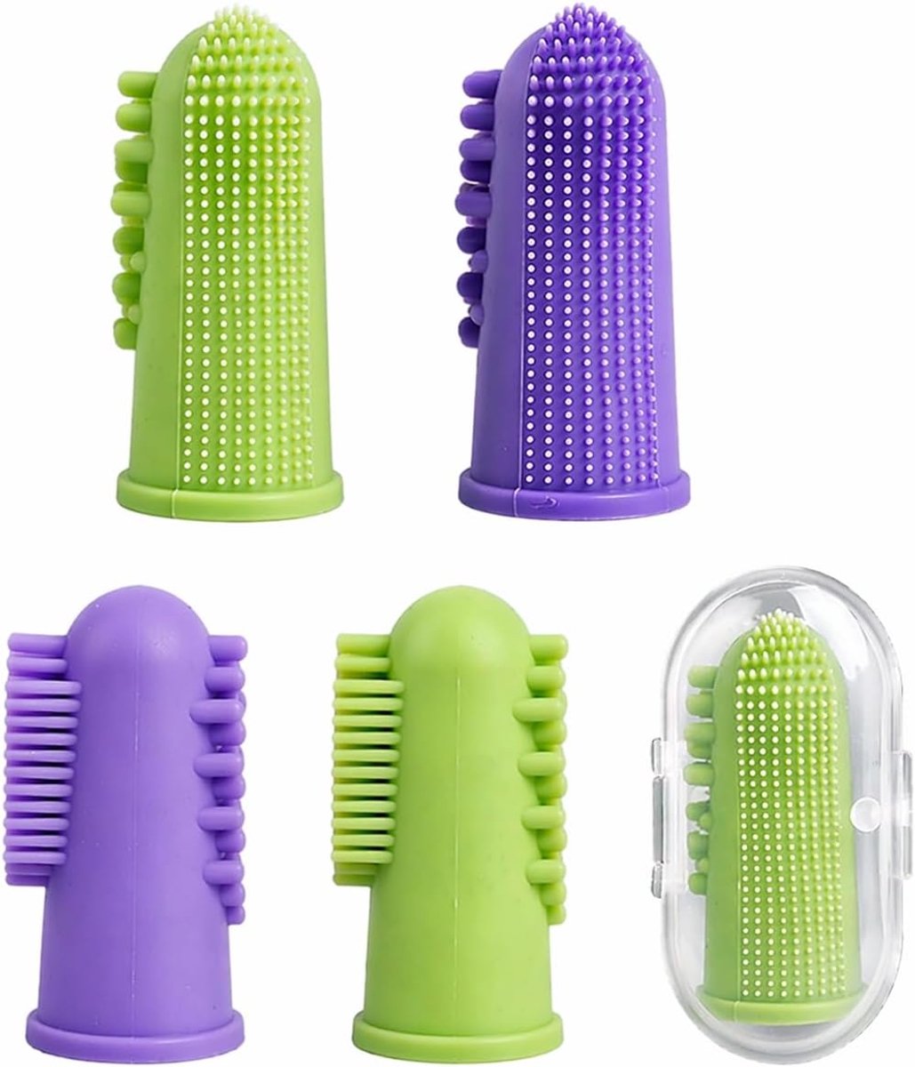 Tandenborstelset voor katten, 4 stuks vingertandenborstelset met opbergdoos, zachte tandreiniging voor honden en katten, effectieve plaatverwijdering