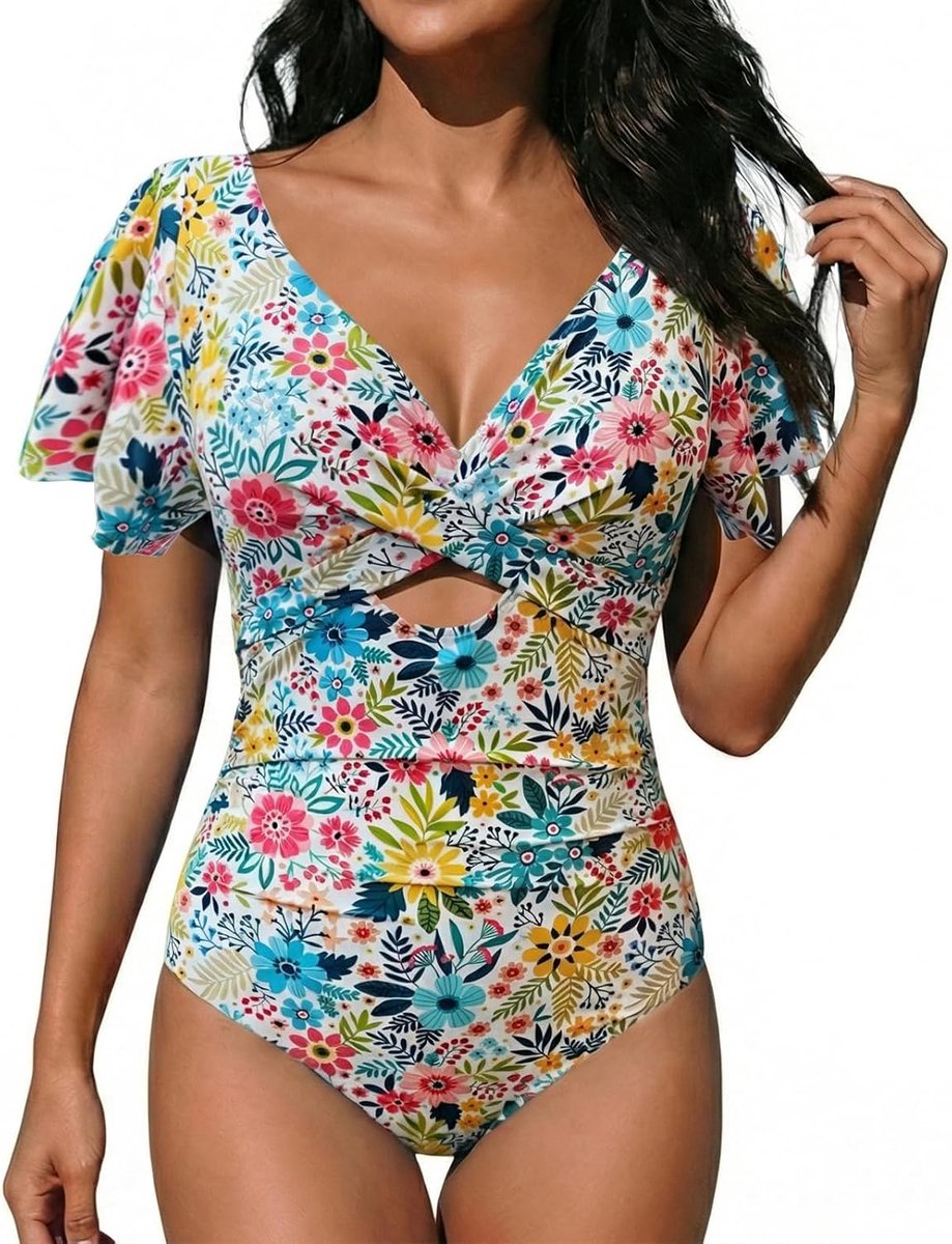 Badpak voor dames, buikweg, ruches, eendelig, V-hals, badkleding, push-up, hoge monokini met buikcontrole, zwempak, cross swimwear