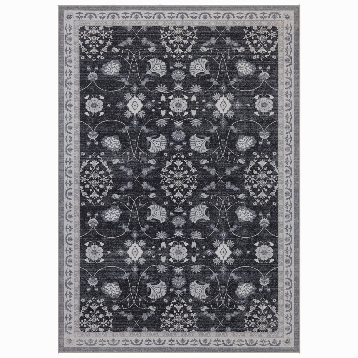 Vintage Vloerkleed Atlas Bloemen 120x170 cm - Wasbaar Antislip Zwart