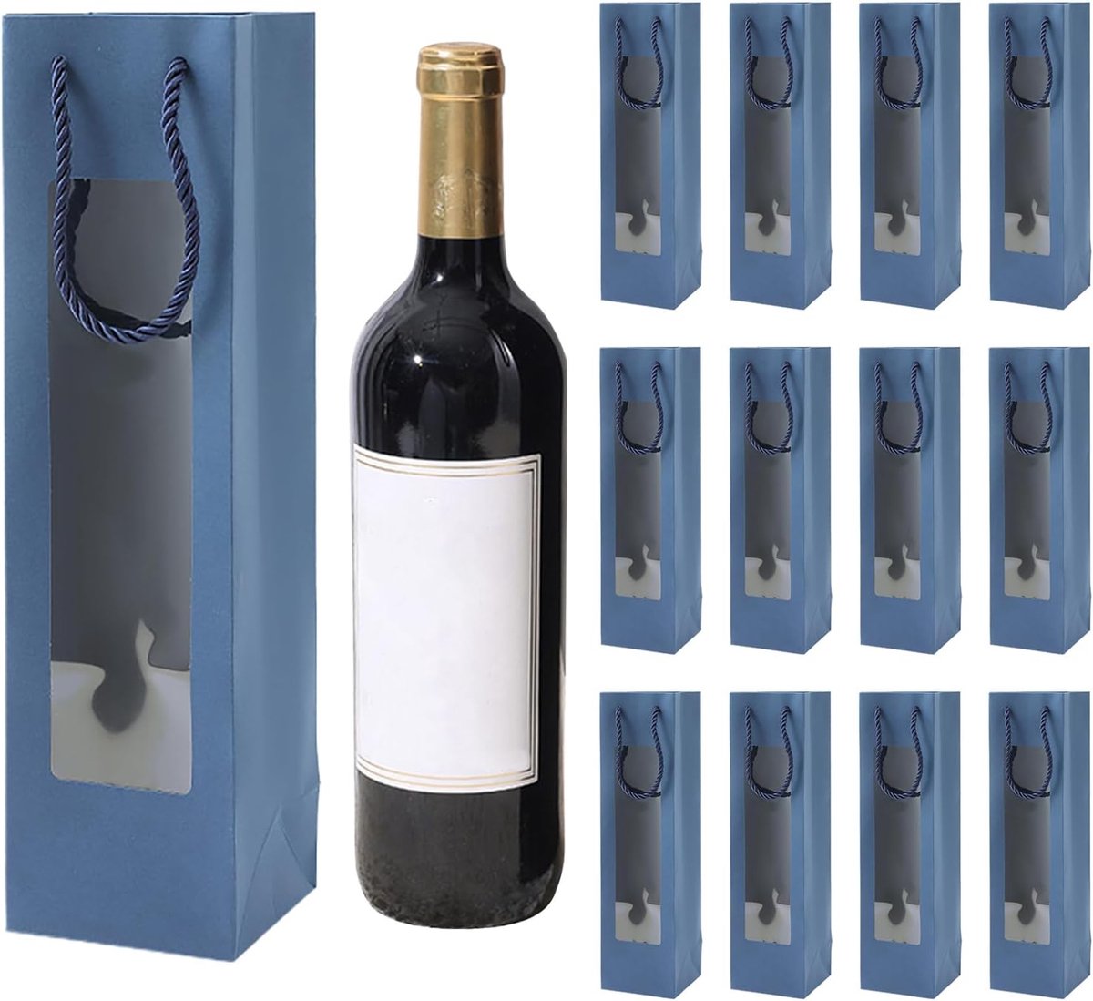 Wijnzak met Helder Venster en Handgrepen voor Bruiloft, Geschenken, Fles - Herbruikbare Bloem, Bulk voor Feest en Kerstdag (Blauw), Moderniteit