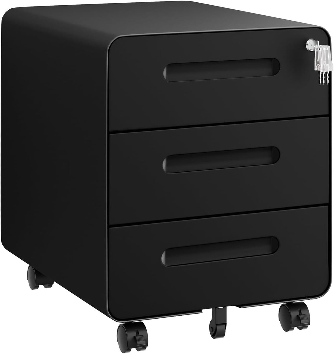Mobiele archiefkast met slot, afgeronde hoeken, 4 sleutels, printertafel, reeds voorgemonteerd (zwart, 3 laden - 50 cm h)