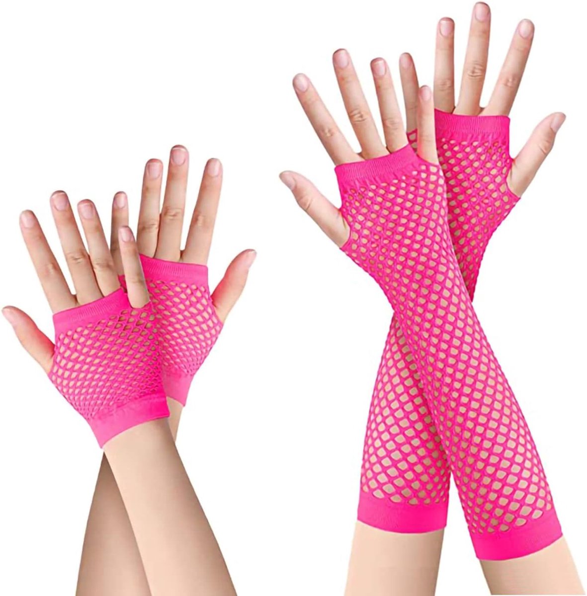 Handschoenen, 2 paar lange en korte nethandschoenen, zwart, vingerloze nethandschoenen, avondhandschoenen voor dames, voor verkleedpartijen, kostuums, feestartikelen