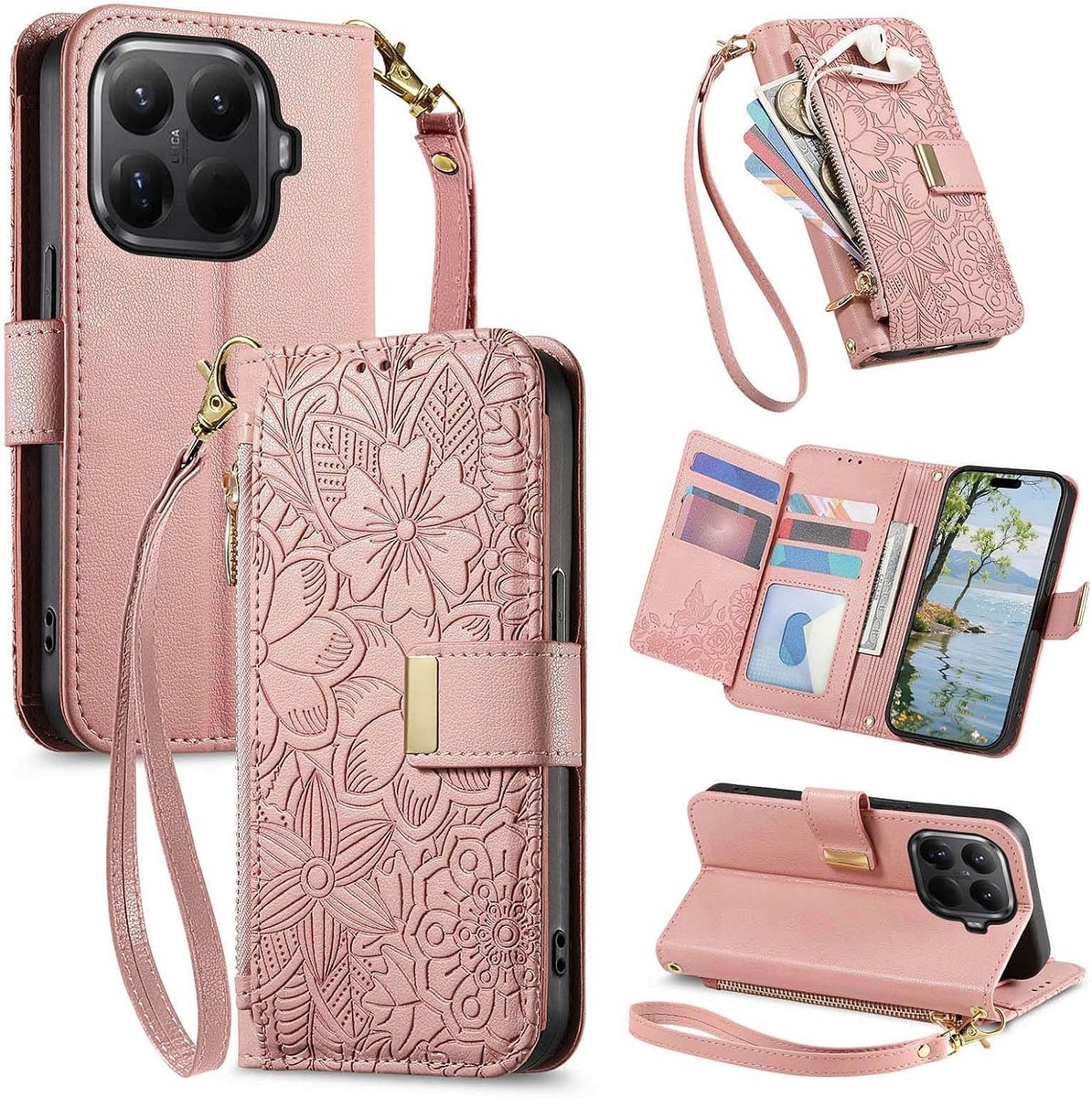 Telefoonhoesje voor Xiaomi 17T 5G, klaphoes, leren klaphoes met ritssluiting, kaartsleuven, standaard, band, bloemen, beschermhoes, dames, portemonnee, flip case, roze