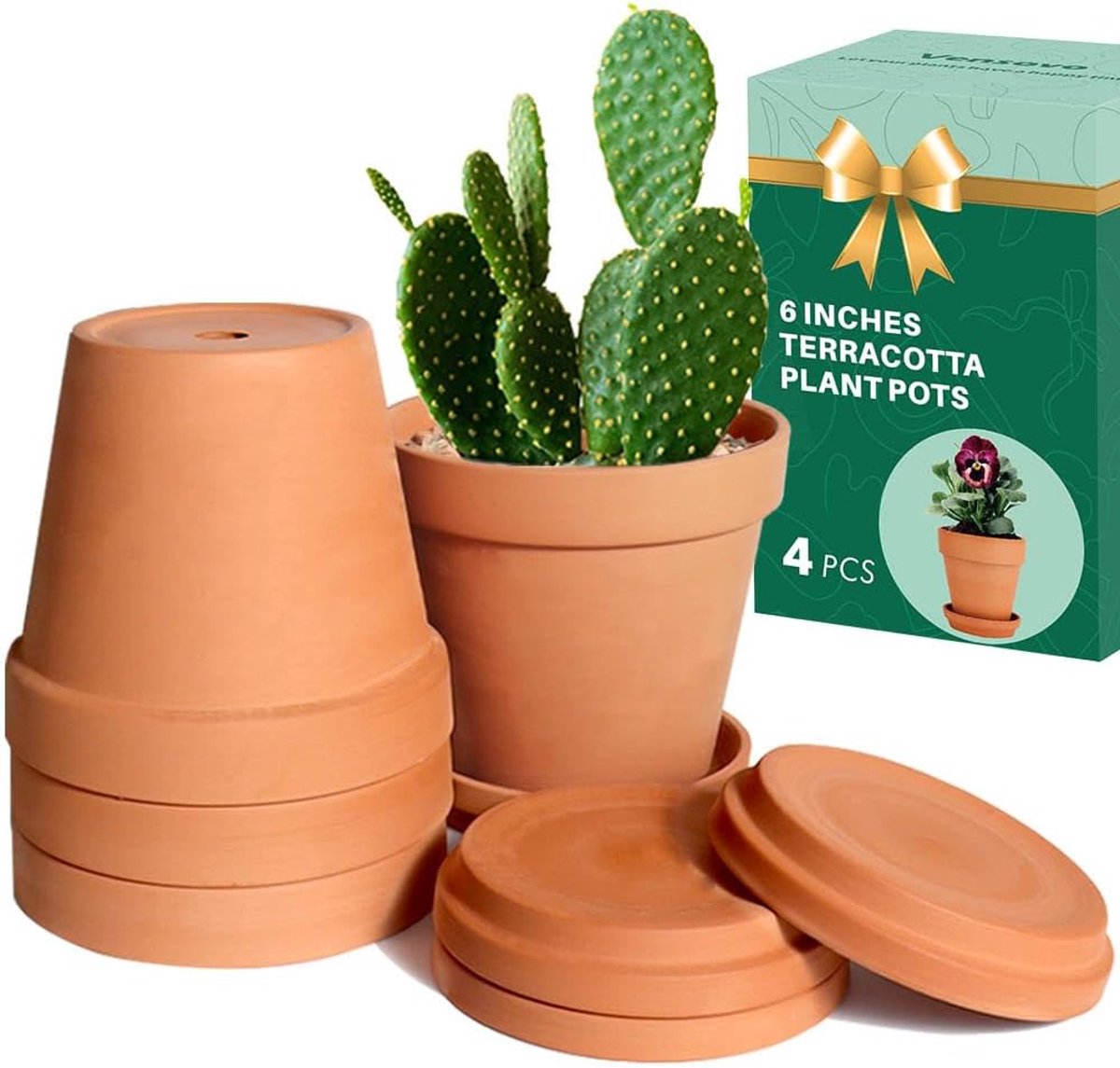 Vensovo Kleipot van 15 cm voor plant met schotel - 4 stuks grote terracotta plantenpot met afvoergat, bloempot met dienblad, terracotta pot voor binnen en buitenplant