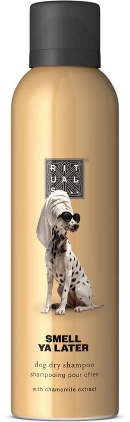 Gouden fles met 'SMELL YA LATER' en een Dalmatiër met zonnebril en handdoek op zijn hoofd.