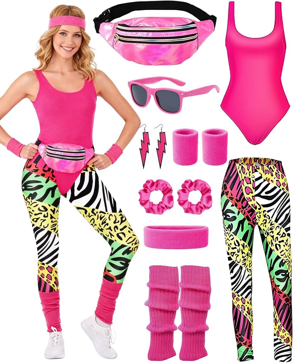 80-kostuum voor dames, jaren 80 discokleding, retro accessoires, body overall, leggings, riemtas, oorbellen, haarband, manchetten, beenwarmers, bril, voor jaren 80 en 90 carnaval