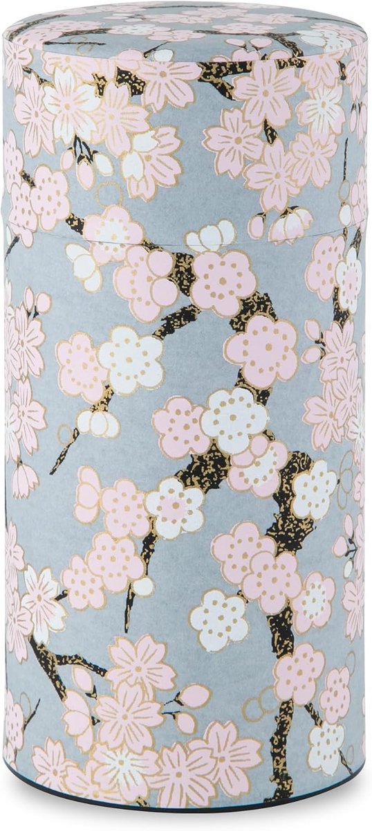 Theebus blik (Yuzen Washi Papier - Pruim en Sakura / Grijs), 7,2 oz grootte/Gemaakt in JAPAN met inclusief binnendeksel van luchtdicht vochtbestendig/keukenpot voor losse bladeren koffie thee