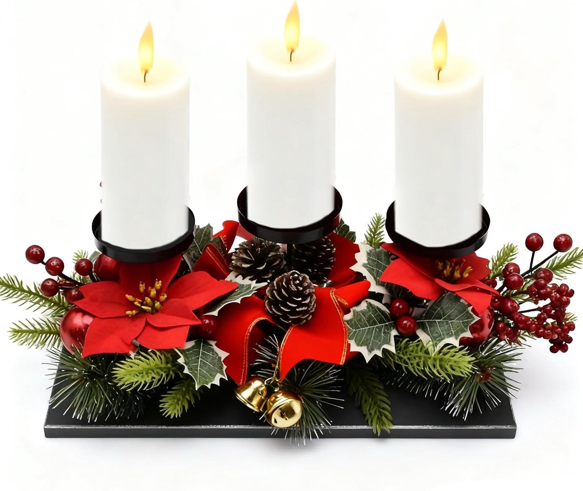 40CM Kerst Tafelblad Kandelaars Vintage Metalen Theelicht Kandelaar Houders Xmas Poinsettia Kaars Stok Houder met Bessen en Dennenappels voor Kerst Raam Tafel Decoratie