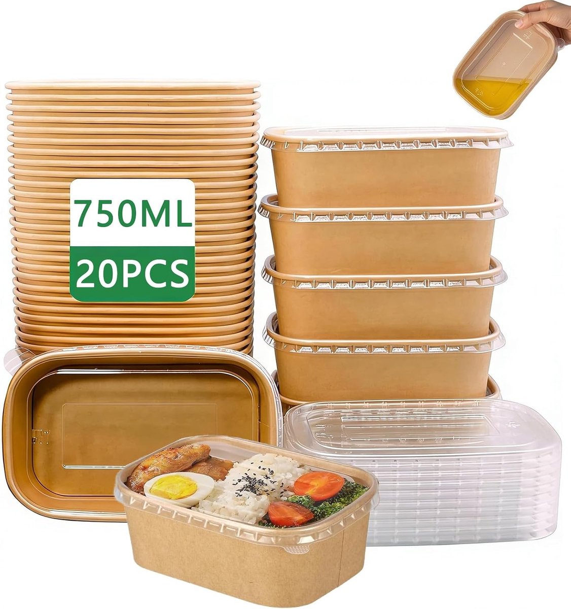 Set van 20 Herbruikbare Kraft Kartonnen Kommen 750 ml met Deksel, Waterdicht en Vetbestendig voor Voedsel, Salades en Meeneemgerechten