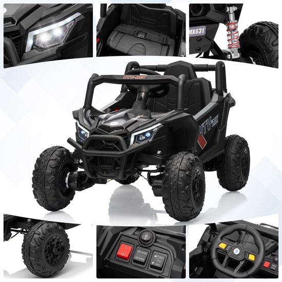 Zwarte elektrische UTV met grote wielen, LED-koplampen, stoelen met gordels en stuurwiel.