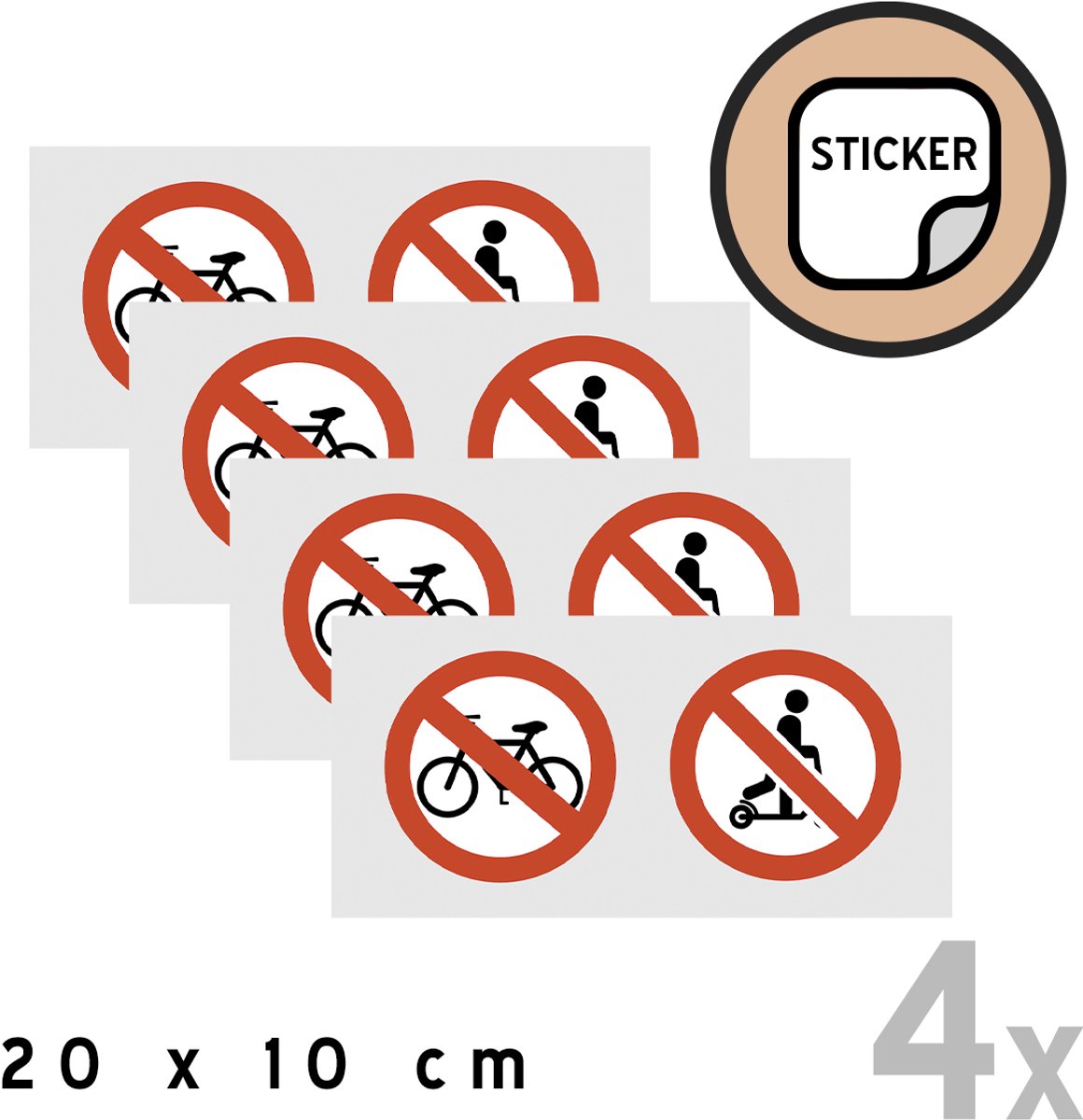 Pictogram/ stickers (4x) | Steps en fietsen verboden | 20 x 10 cm | Vitrine | Elektrische step | Fiets | Overlast | Raamsticker | Voordeel verpakking | 4 stuks