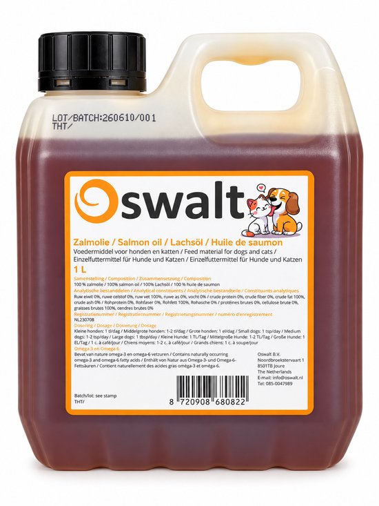 Oswalt zalmolie voor hond en katten, 1 liter fles.