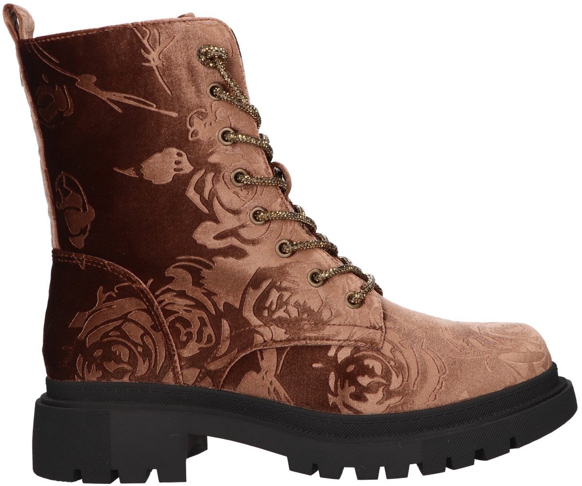 La Strada Veterboots Bruin Velvet Met Bloemenprint - Damesschoenen - Maat - 39