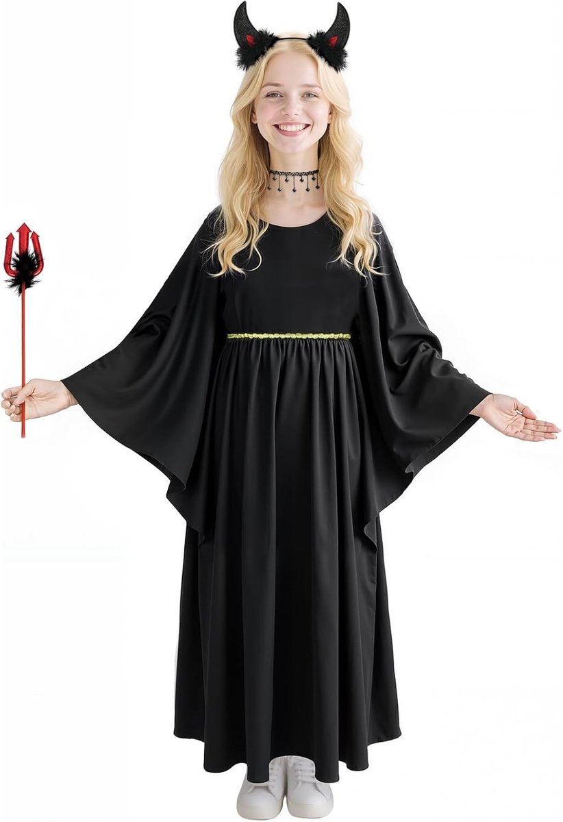 Halloween Duivel Kostuum voor Kinderen - 4-delig Set met Hoornenkopband, Demon Vork, Ketting en Zwarte Rok voor Carnaval, Verkleedfeest en Cosplay