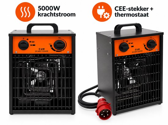 Twee zwarte en oranje werkplaatskachels, één met 5000W en 400V, de ander met CEE-stekker en thermostaat.