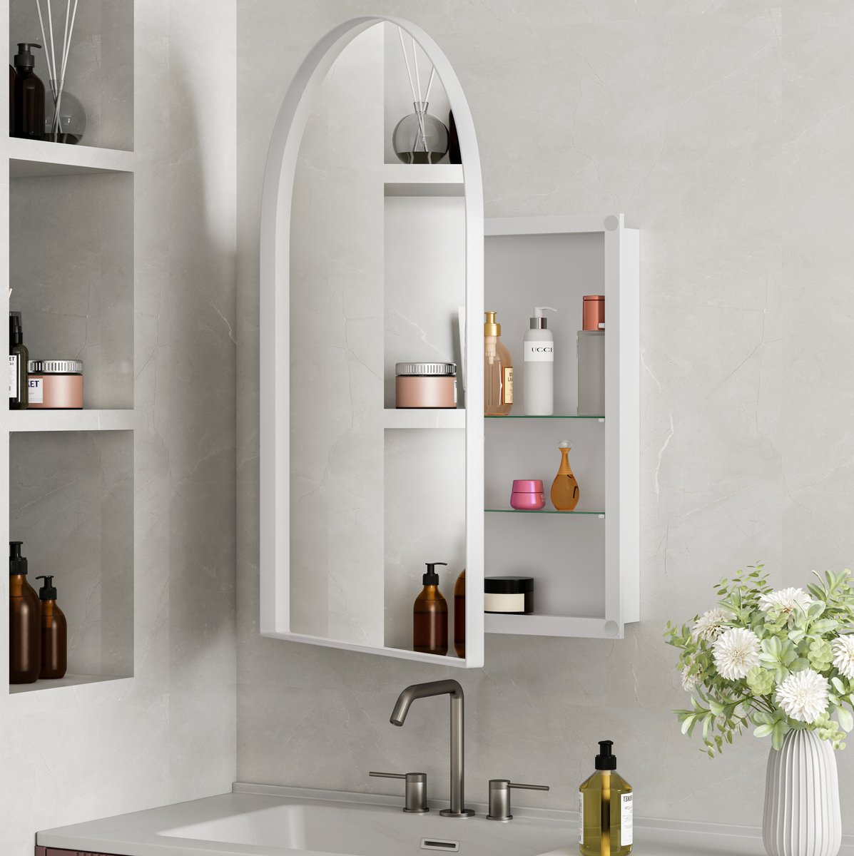 MEUNIQ boogvormige spiegelkast 61 x 12 x 91 cm met metalen frame, 2 verstelbare glazen planken voor wand- of inbouwmontage in badkamer, wit