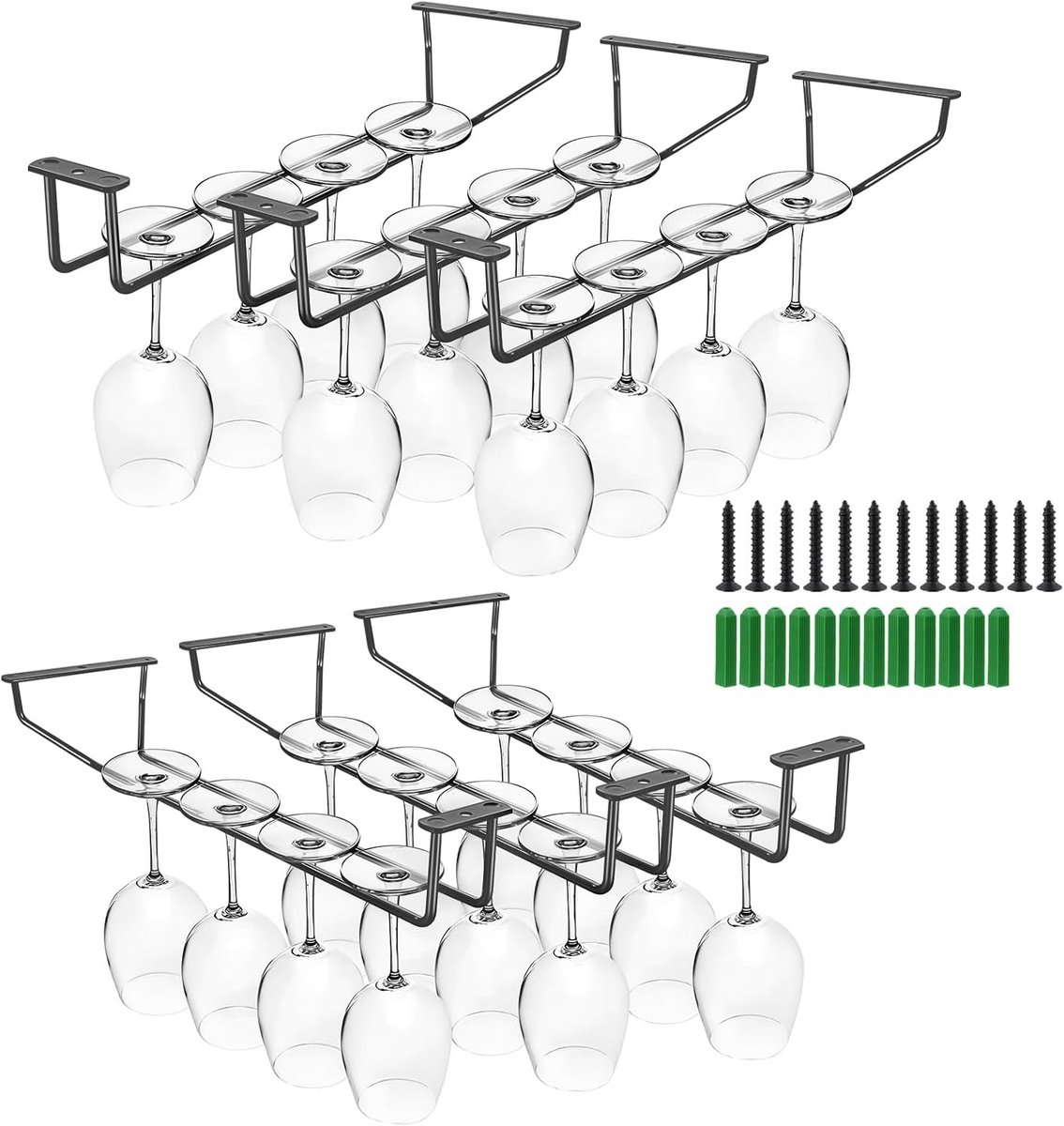 6-Pack 35cm Wijn Glashouder, Metalen Glashanger Onder Kast voor Bar en Keuken, Zwart, Perfect voor Glazen en Keukenaccessoires