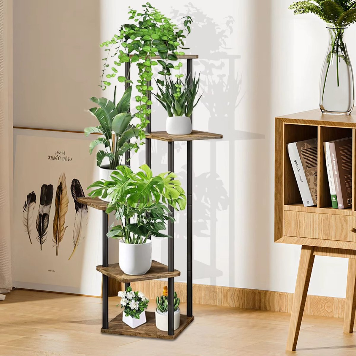 CreateEcom plantenrek - plantenstandaard - platenhouder - 5-laags plantenstandaard voor binnen en buiten - 30x30x106 cm - Bruin