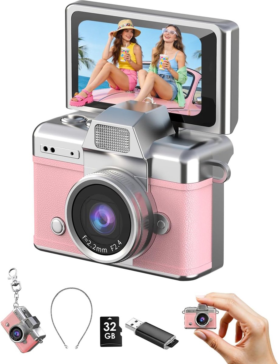 Mini Sleutelhanger Camera - 1080P Draagbare Digitale Camera - 1,47" Flip-LCD-scherm & Flitser - Retro Pocketcamera - 32GB Geheugenkaart - Compact voor Reizen, Feestjes & Verjaardagen - Roze