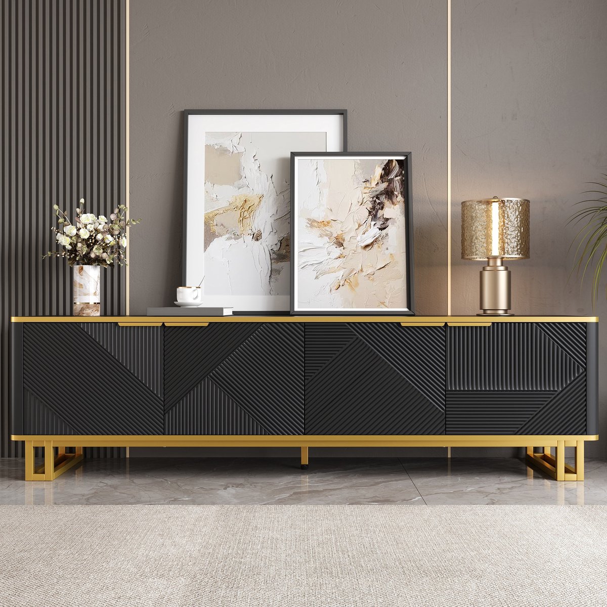 MUVANO Tv Meubel Zwart Goud - Tv Kast 160 cm - Tv Dressoir 4 Deuren - Geometrisch Design - 160x37,5x48 cm - Kabelmanagement - Woonkamer Zwart Goud