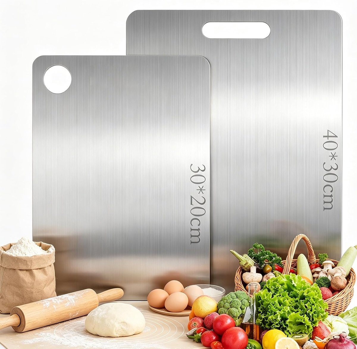 2 stuks titanium snijplank, vaatwasmachinebestendig, multifunctionele roestvrijstalen snijplank, dubbelzijdige titanium snijplank, voedselveilig, antibacterieel en BPA-vrij, snijplank roestvrij staal