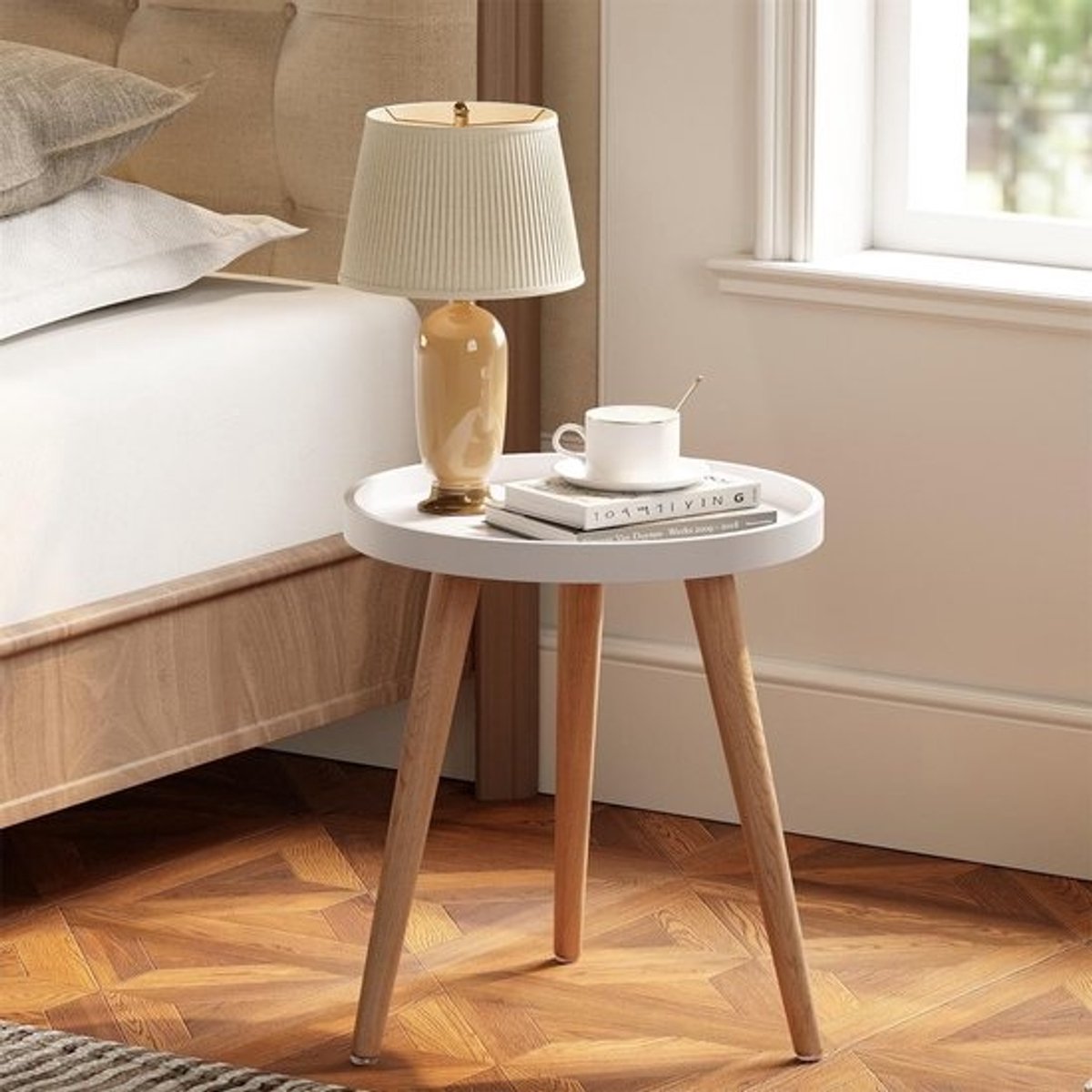 Bijzettafel Rond - Banktafel Nachtkastje - Woonkamer Slaapkamer - Beschermrand Massief Hout - Ø 38 cm - Wit Naturel