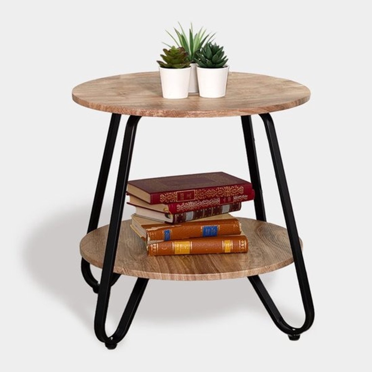 Ronde Bijzettafel met Legplank - Salontafel voor Woonkamer en Slaapkamer | Industrieel Design, 46x46x45 cm