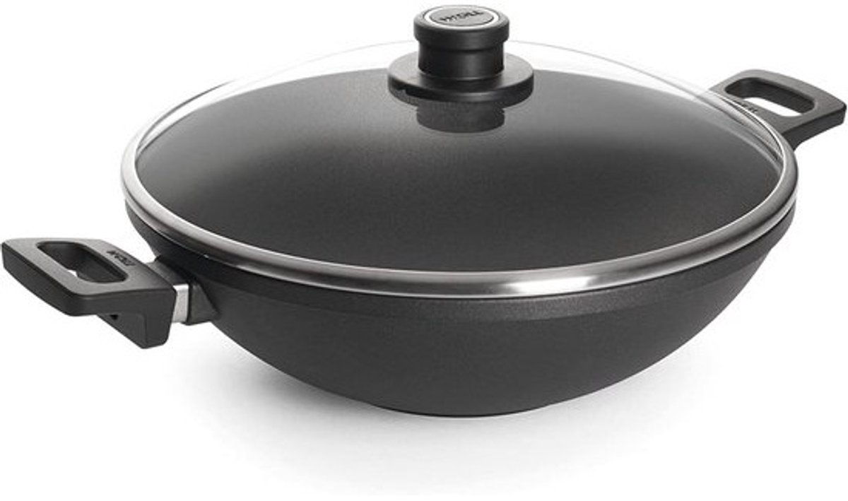 Titanium wok en roerpan met glazen deksel - inductieve 32 cm, 11 cm hoog, geschikt voor alle kookplaten