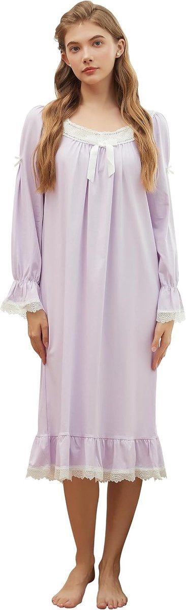 Katoenen Nachtjapon voor Dames in Victoriaanse Stijl met Rimpels en Strik, Paarse Kleur, Maat M