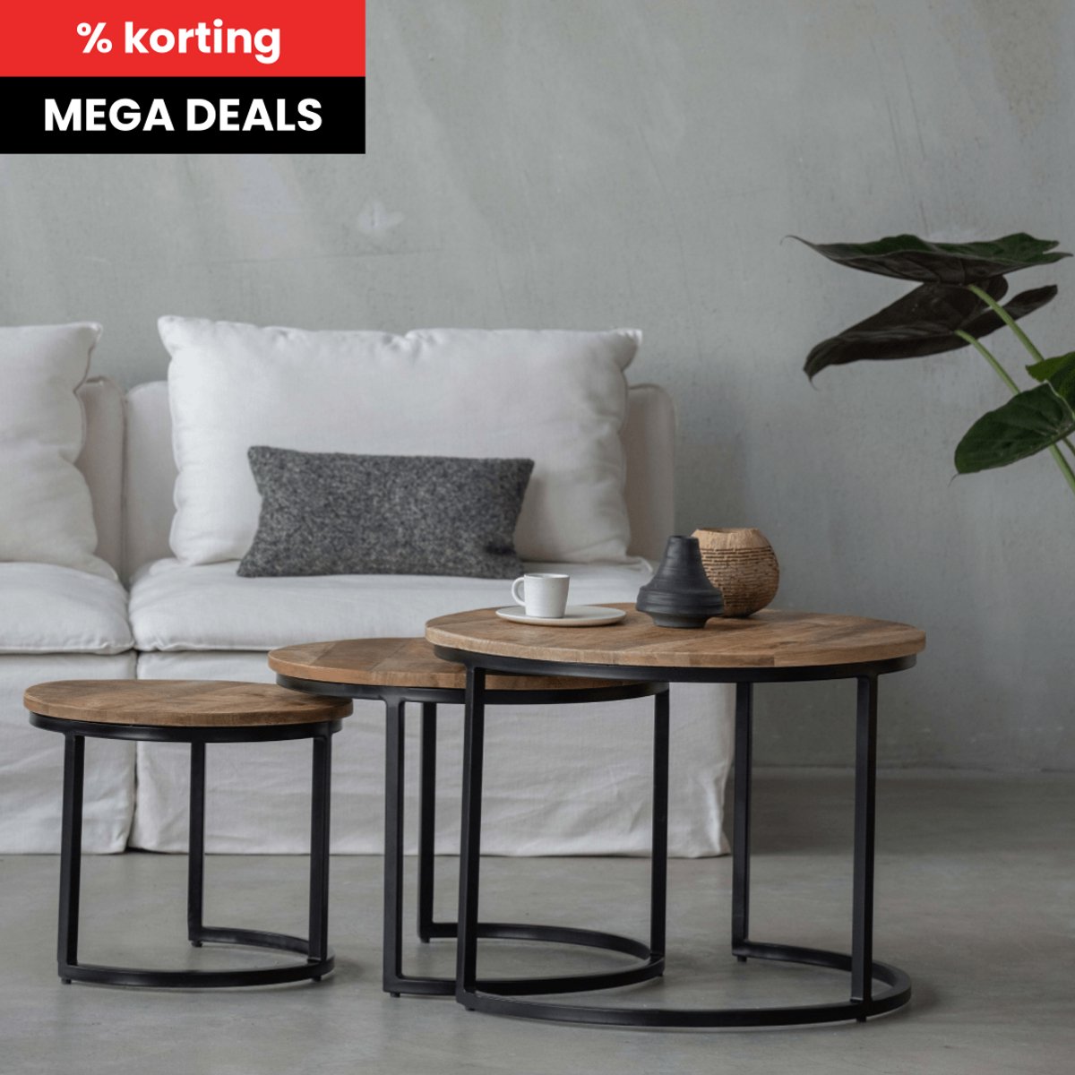 Mangohouten Salontafels Charlotte XL Mahom - Set van 3 Industrieel - Kleine tafel van Mangohout & Metaal - Industriële Huiskamertafel