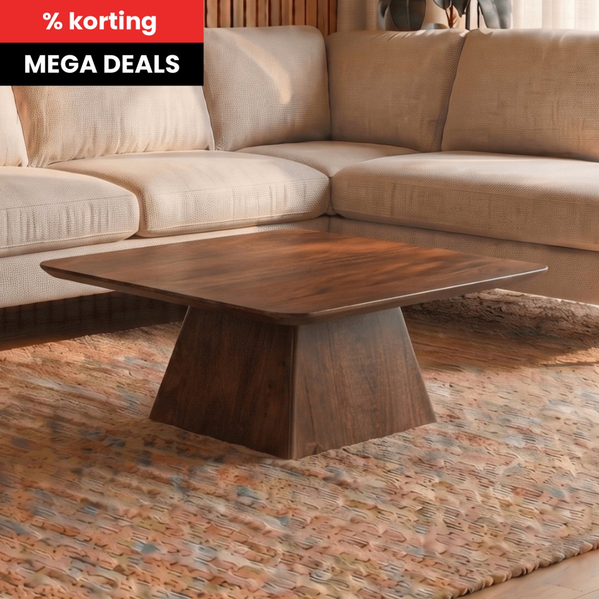 Mangohouten Salontafel Nova Vierkant 80x80 cm Donkerbruin Mahom Industrieel - Kleine tafel van Mangohout & Metaal - Industriële Huiskamertafel
