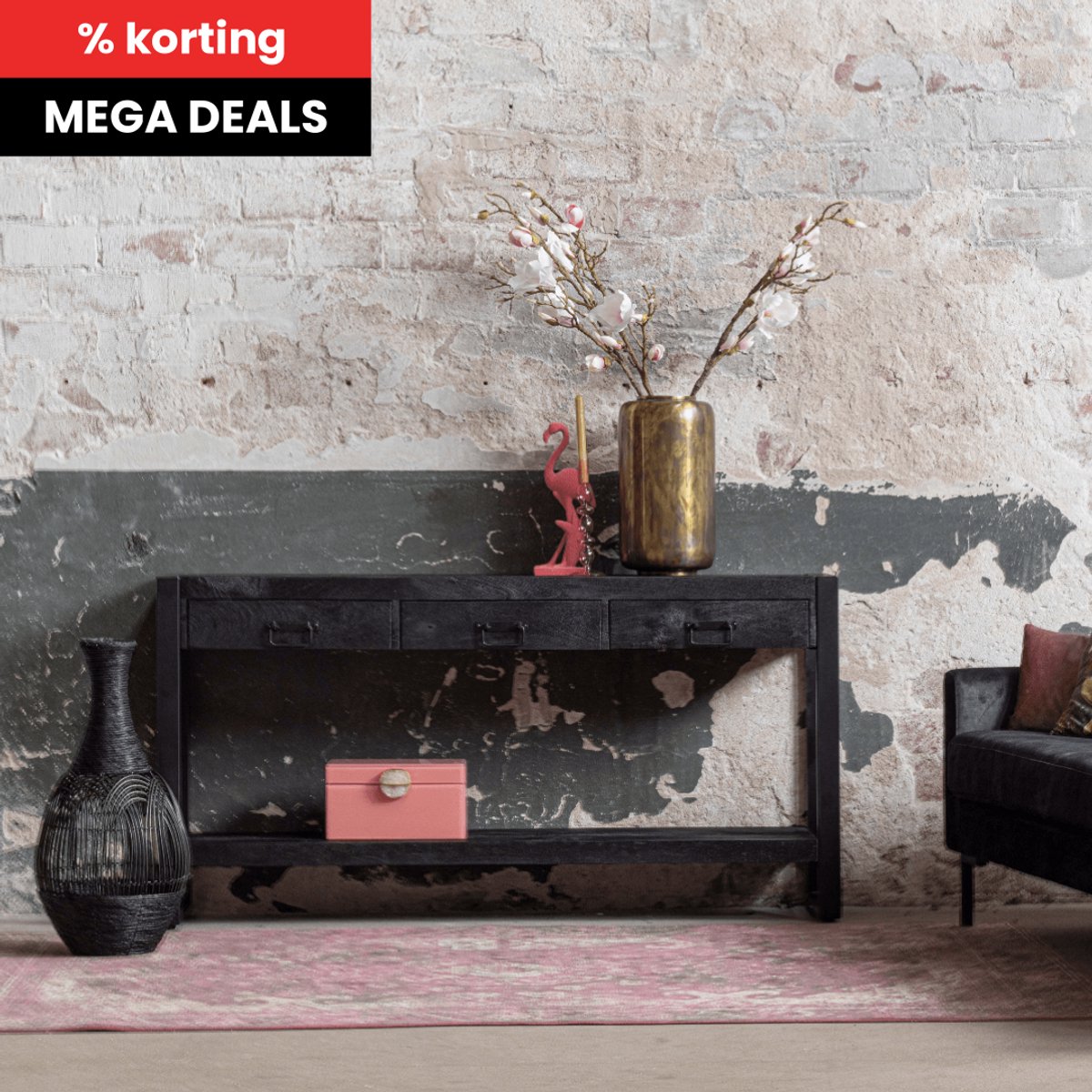 Mahom Mangohouten Sidetable Britt Black 3 lades 150 cm Mahom Industrieel - Kleine tafel van Mangohout & Metaal - Industriële Huiskamertafel Bruin