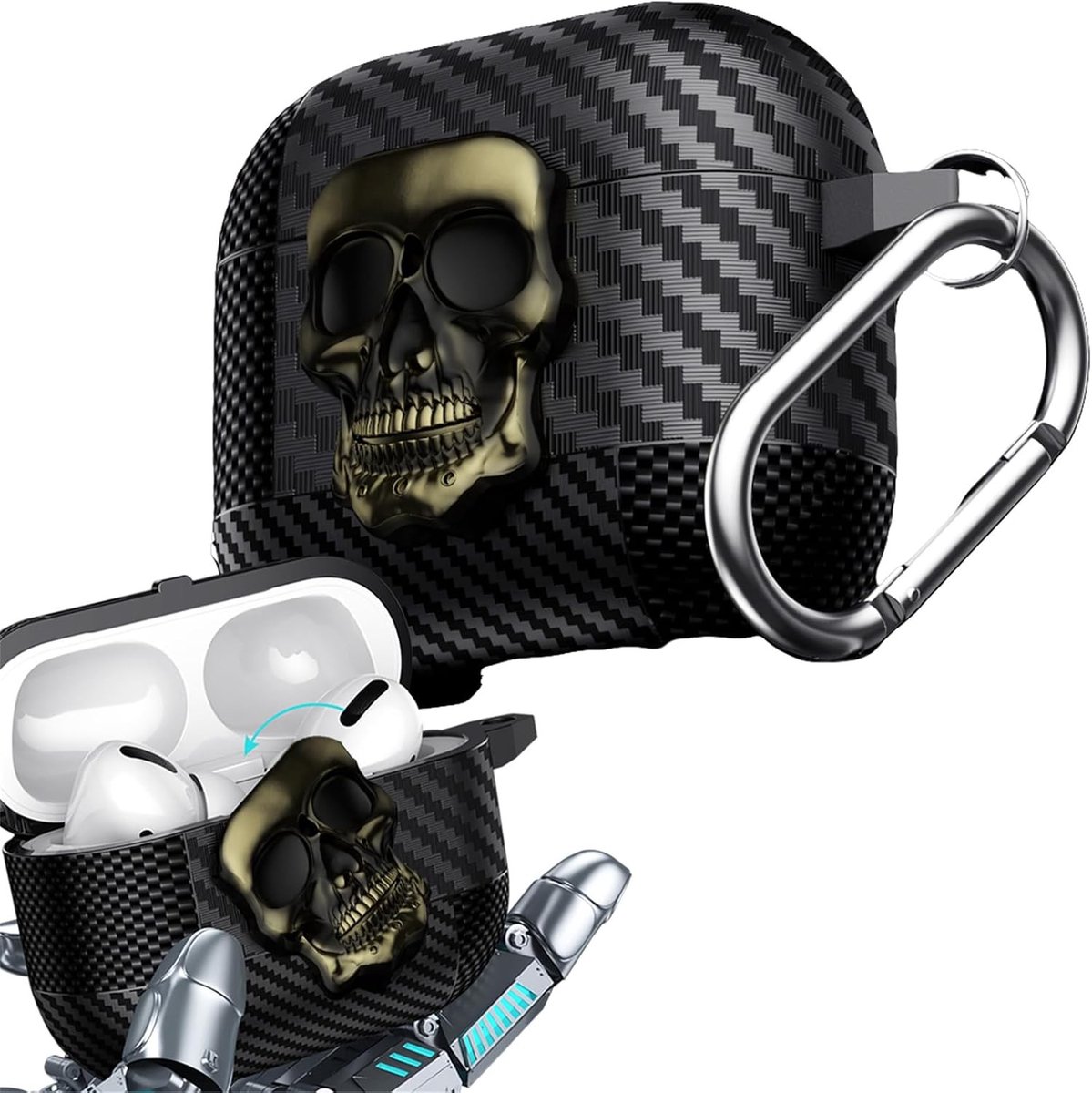 Beschermende Carbon Fiber Hoes voor Samsung Buds 3 - Lichtgewicht, Dempende Case met Rotatable Skull Lock en Sleutelhanger in Groen