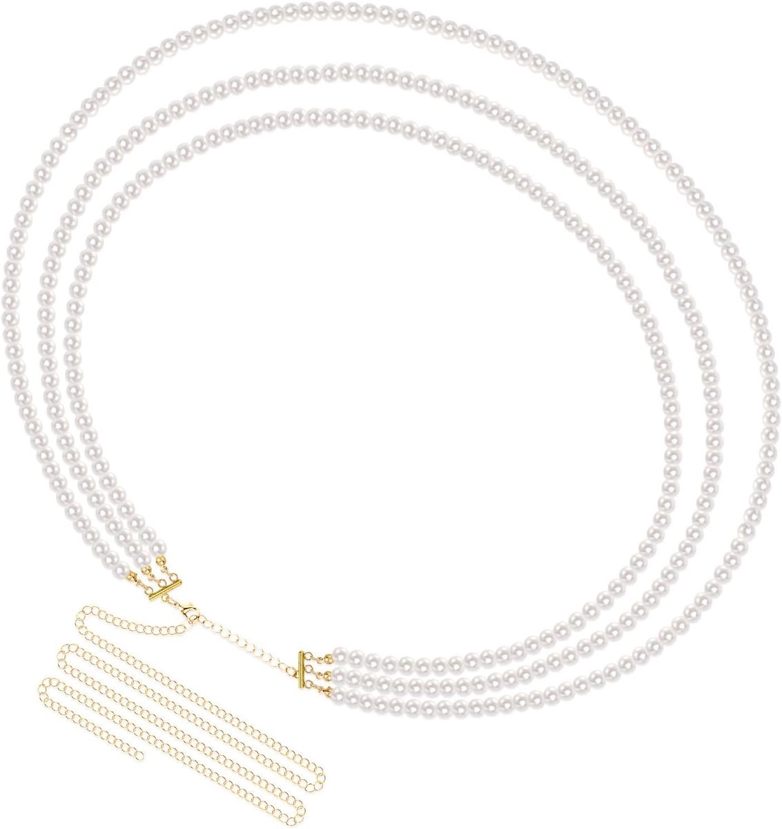 Plus Size Schakelriem voor Dames, 3 Laags Witte Parels, Verstelbare Tailleketting voor Extra Grote Maten, 33.4-59 Inch, Stijlvolle Accessoires voor Mode en Outfit