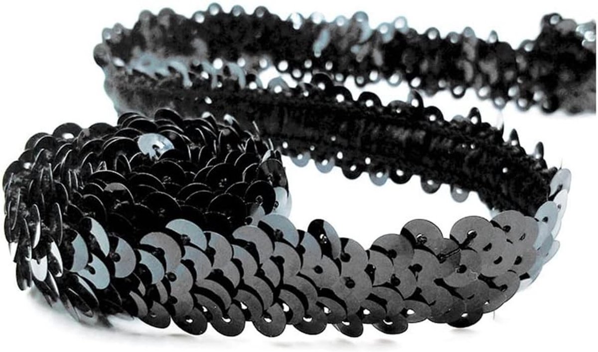 Elastische Paillettenband van 2 cm Breed, 2 Rijen, Voor DIY Kleding, Knutselen en Decoratie, Zwart