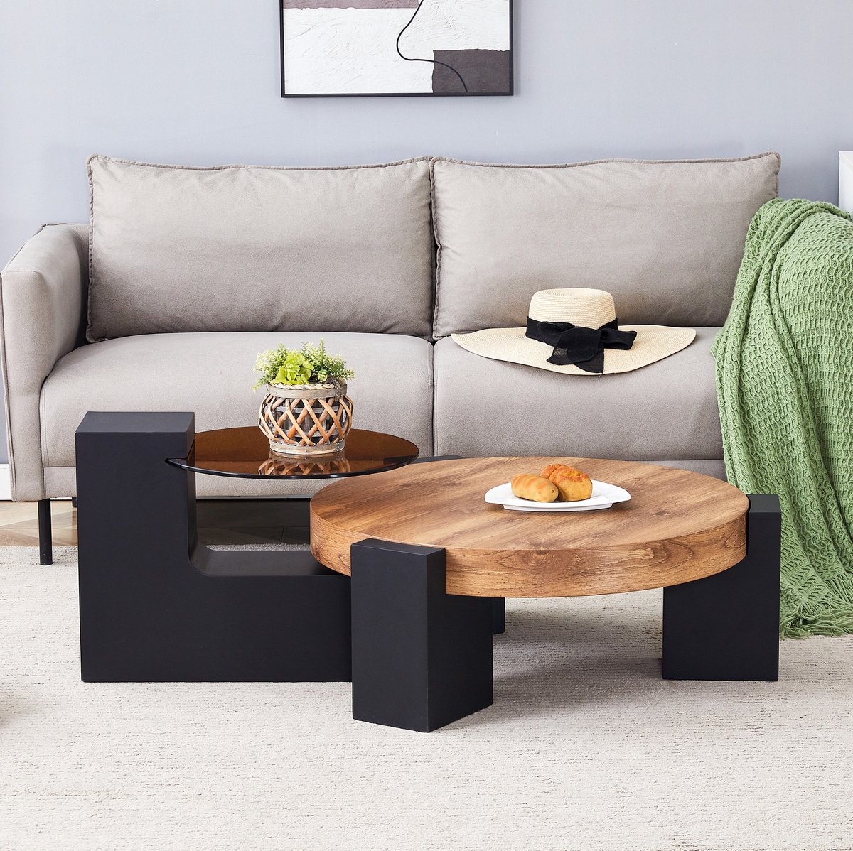 MEUNIQ ronde salontafel met bijzettafel set van 2 – Ø 61 cm en Ø 44 cm, glazen en MDF tafelbladen, zwart onderstel, houtlook, woonkamer