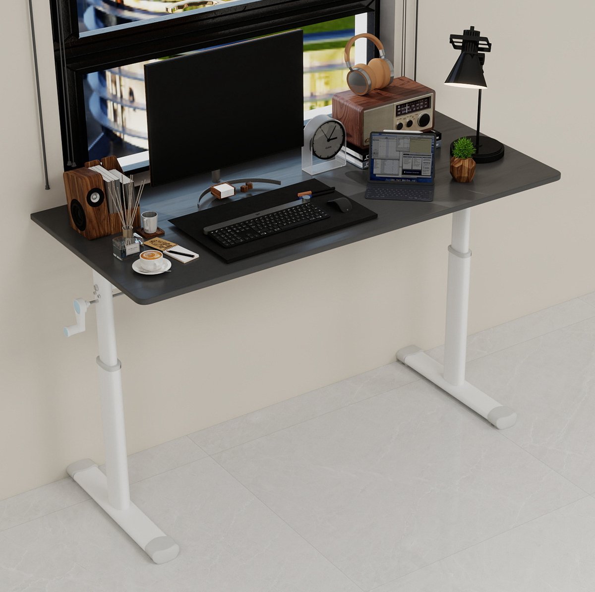 MEUNIQ verstelbaar zit-sta-bureau 120 x 60 cm met handmatige slinger, hoogte 60-90 cm, dubbele kolomvoet voor thuiswerkplek en studeerkamer, grijs