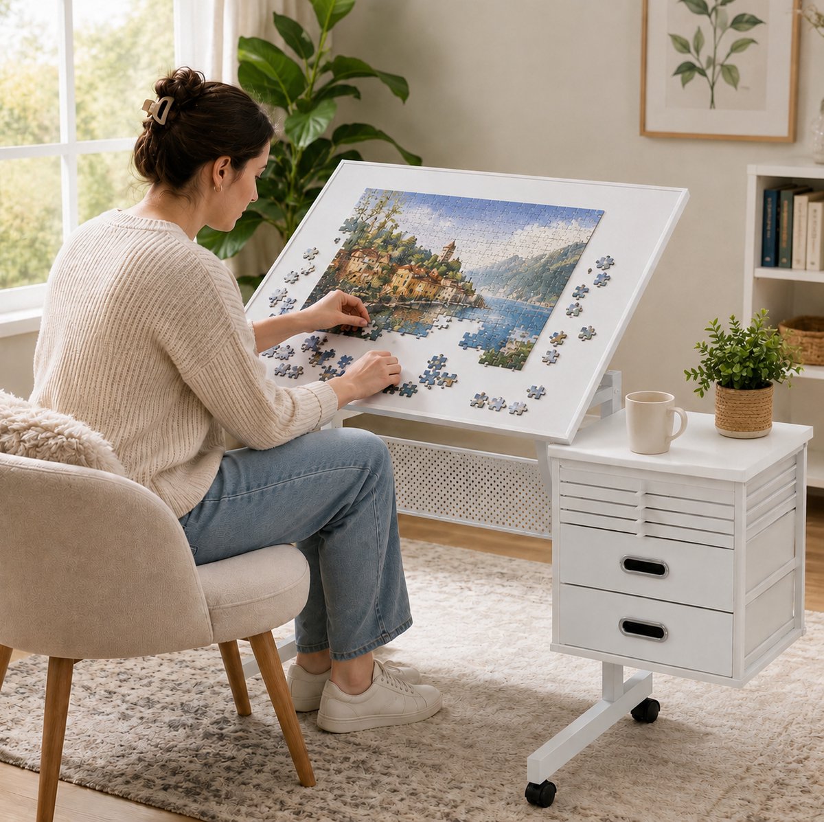 REDOM - Puzzeltafel - Voor 1500 stukjes - Kantelbaar blad 0-65 graden - 4 vilten opbergbakken - 2 lades en wieltjes - MDF en metaal - Wit - 89 x 64 x 78,5 cm