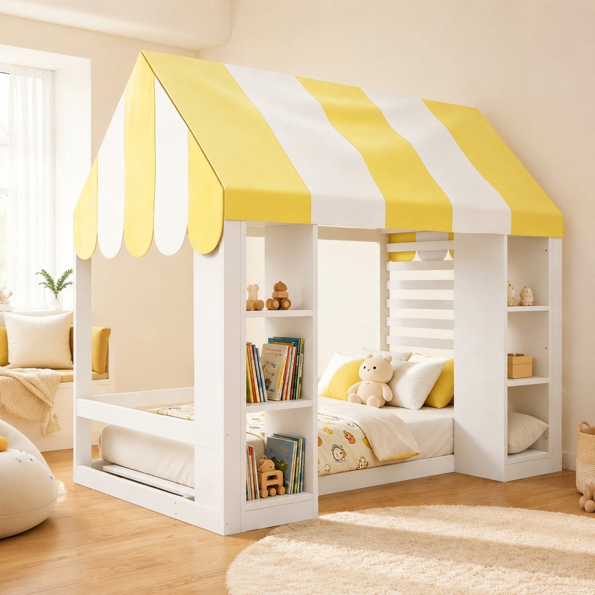 REDOM Hoogslaper - Hemelbedconstructie - Twee open opbergvakken - Lattenbodem met 24 latten - Landhuisstijl - Hout - Wit - 90 x 200 cm