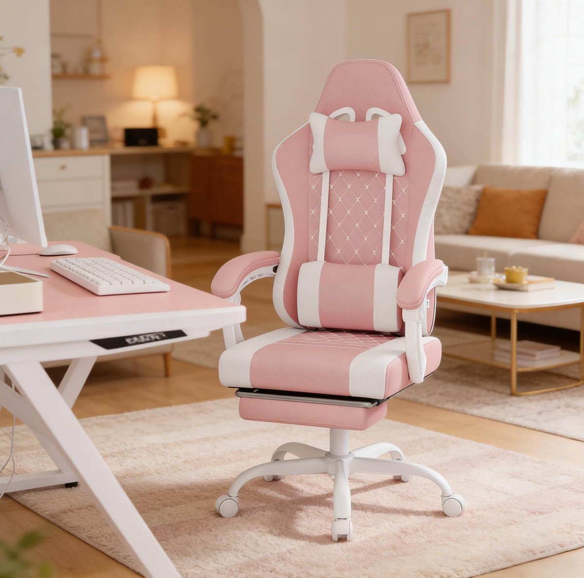 MEUNIQ Ergonomische gamingstoel met massage-lendenkussen, hoofdsteun, voetsteun en verstelbare zitting, 360° draaibaar voor werkkamer en gamen, roze-wit