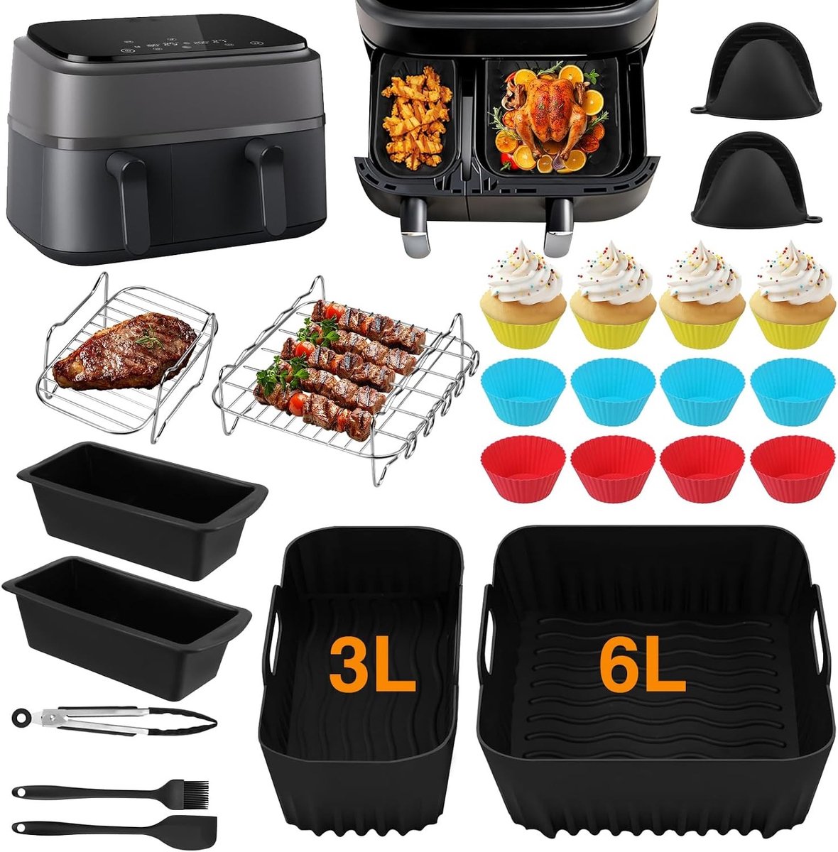 Complete set van 28 accessoires voor het bereiden van maaltijden in een heteluchtfriteuse, inclusief siliconen mallen, grillrooster en bakvormen voor optimale kookresultaten en veelzijdigheid in de keuken.