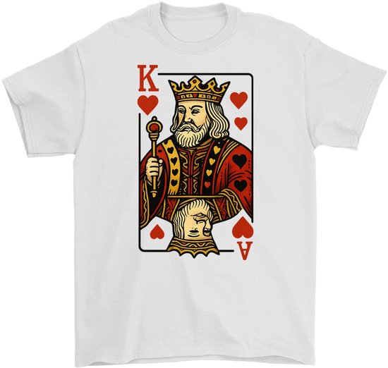Wit T-shirt met op de voorkant de kaart 'Koning van Harten'. De koning draagt een kroon en rode jas met hartjes.