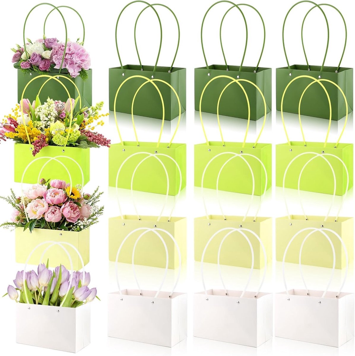 16 stuks bloemgeschenkdozen met handgrepen voor boeketten, ideaal voor bloemisten, huwelijks- en verjaardagsdecoratie, groen geel wit bloemschikken