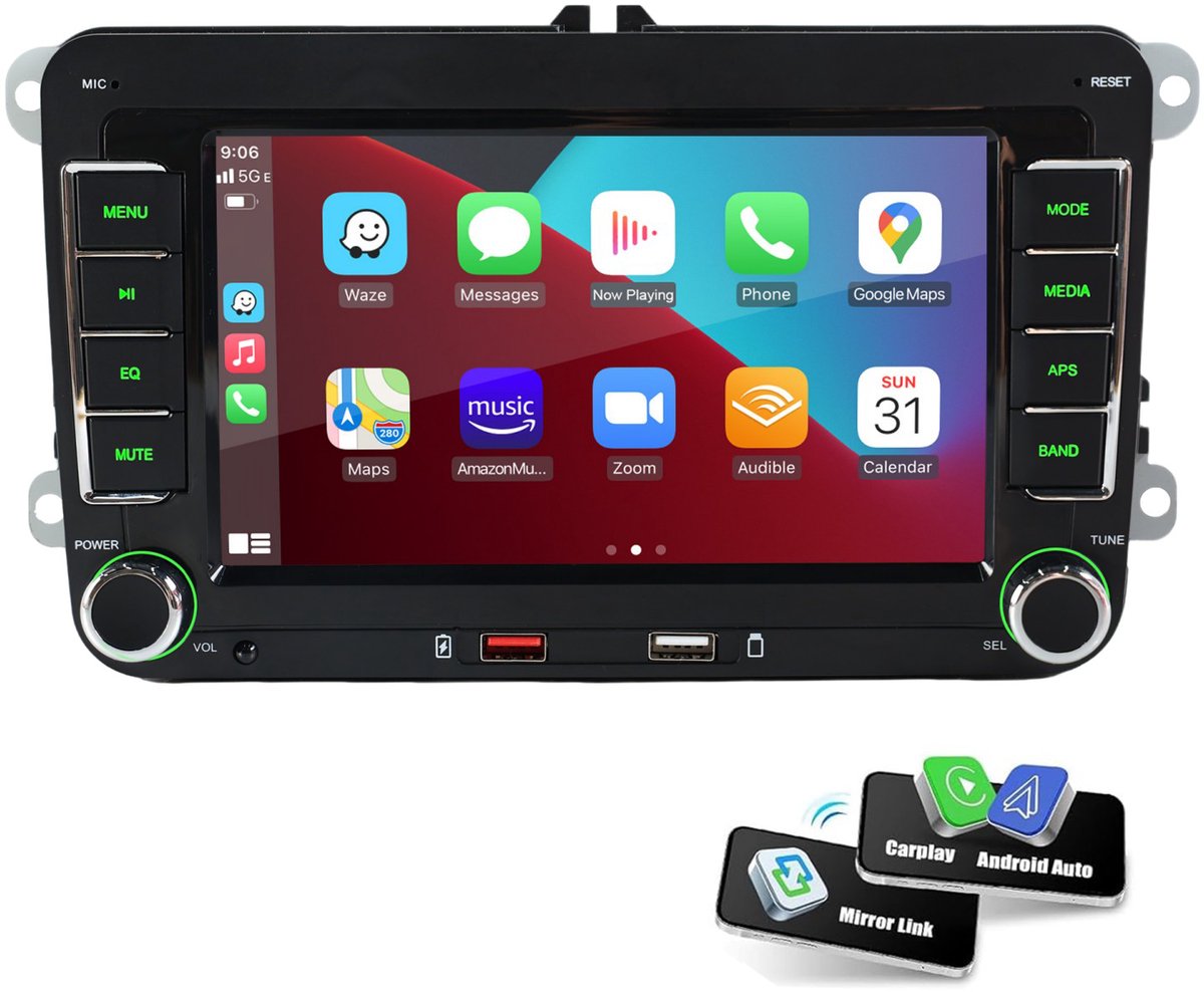 ESSGOO Volkswagen CarPlay scherm- met Apple Carplay & Android auto (Draadloos) -Plug&Play- voor Volkswagen, Skoda & Seat - Golf, Polo, Tiguan, Touran,...-7inch Touchscreen scherm-Bluetooth-Usb