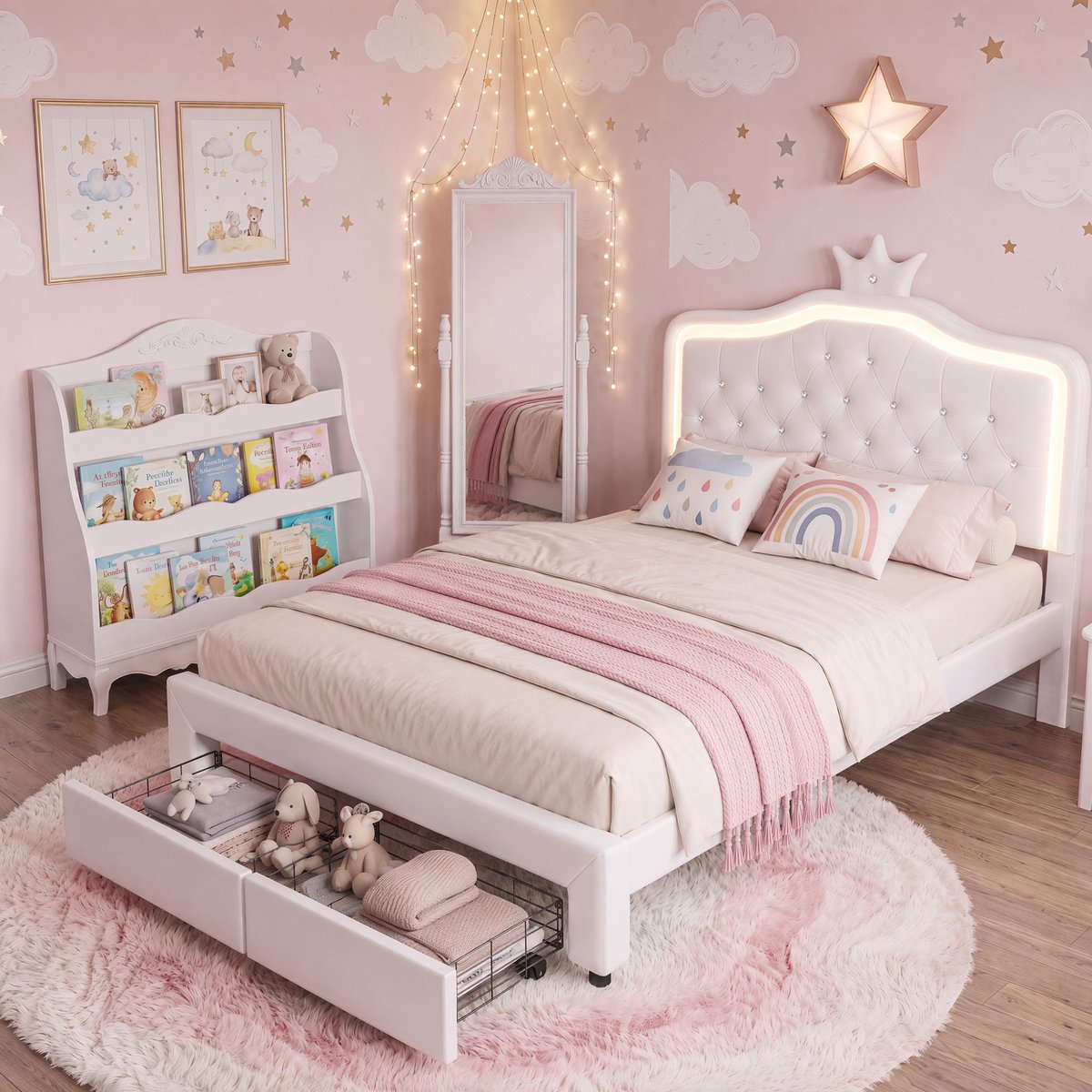 Yelenaro Gestoffeerd kinderbed 140x200 cm met LED-verlichting, prinsessenbed met opberglade, Meisjesbed met verstelbaar hoofdeinde, kroonbed, eenpersoonsbed, wit, PU, zonder matras